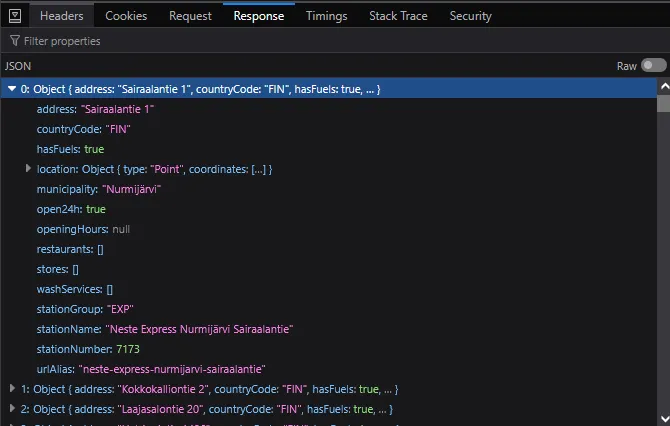 Screenshot of station search API
