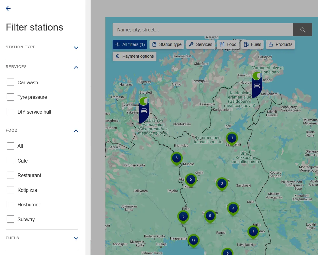 Screenshot of gas station search